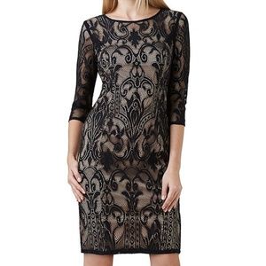 Adrianna Papell elegant black lace dress with tan lining Size 10 NWOT. Stunning!